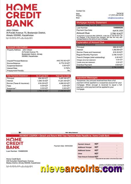 Kazakhstan Home Credit Bank Kazakhstan mortgage statement Word and PDF template